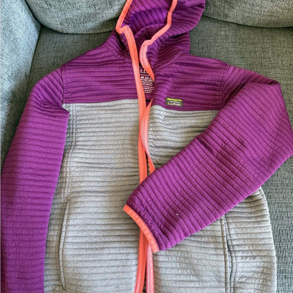 L.L. Bean Purple & Gray Quilted Hooded Zip Jacket with Coral Trim